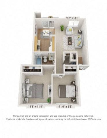 A 3D floor plan of a small apartment with a kitchen, living room, and two bedrooms.